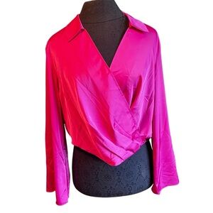 NWL Bunulu Pink Satin Surplice Wrap Blouse Bell Sleeves Large Boho Festival